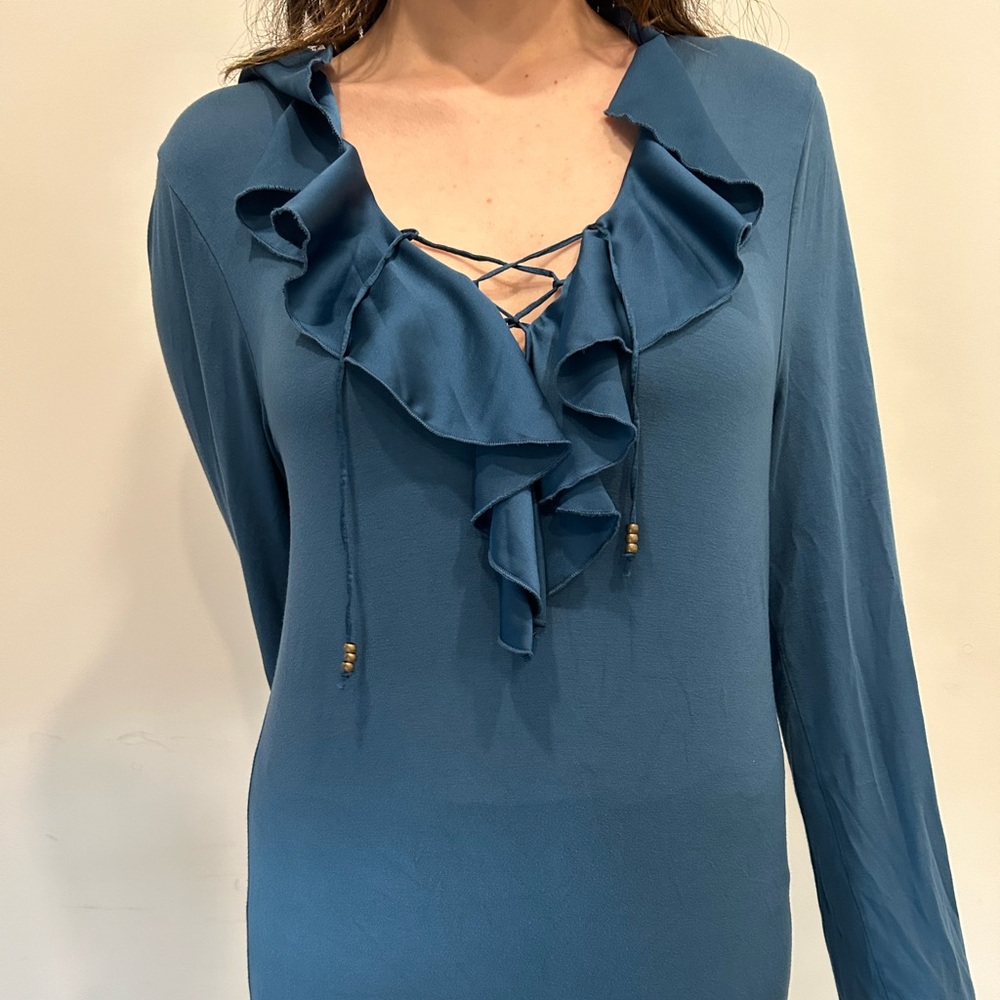Ralph Lauren Blue Ruffle Blouse L Polyester
